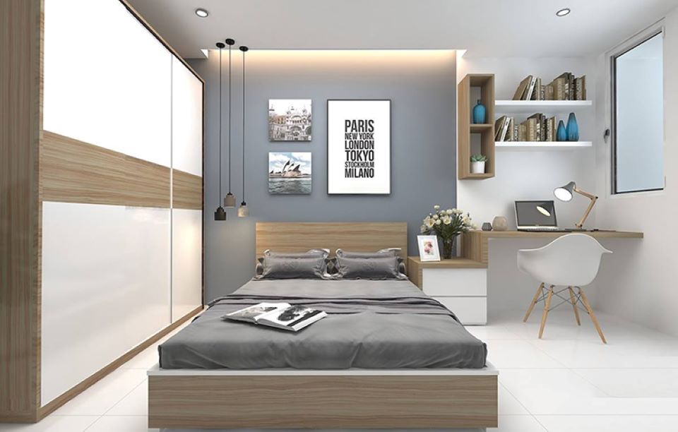 Phòng ngủ đẹp cho nữ với tông màu xám hiện đại