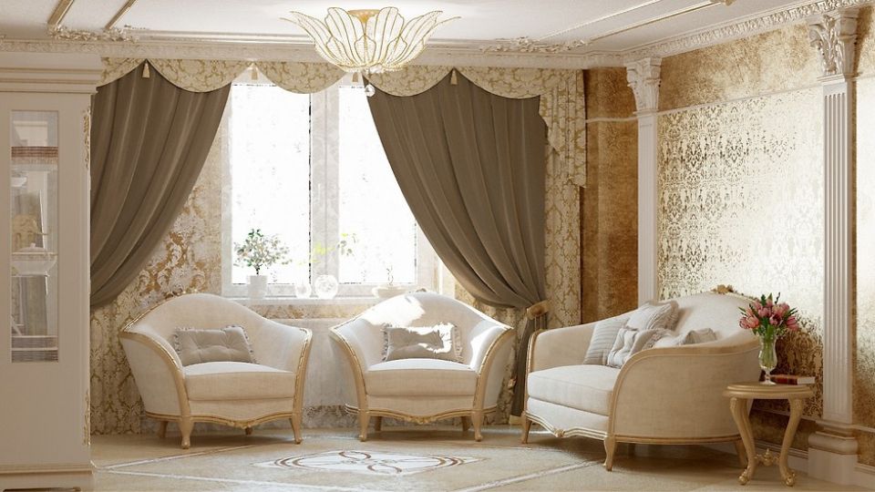 Phòng khách phụ được trang trí đơn giản với rèm vải màu xám trơn